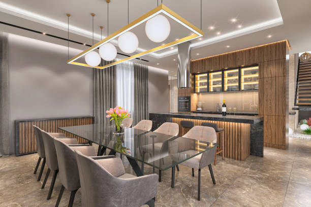 Luxury furnished dining room interior with open kitchen and kitchen island, large table with armchairs. Large windows with sunlight. render